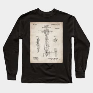 Windmill Patent - Farmer Rancher Country Farmhouse Art - Antique Long Sleeve T-Shirt